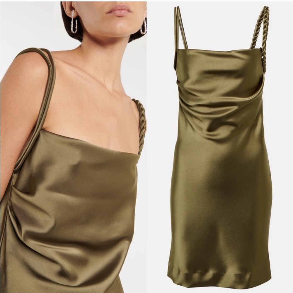 House of Harlow Olive Green braided-strap satin mini dress